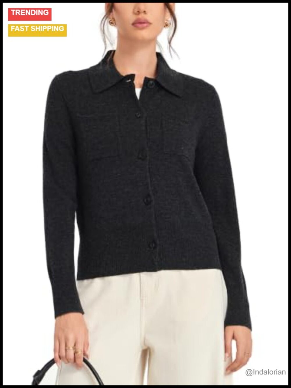 Wool Cashmere Blend Collared Cardigan Cropped Knit Sweater with Pockets